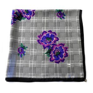 Square Honey Silk Scarf Houndstooth Print With Purple Flowers Japan